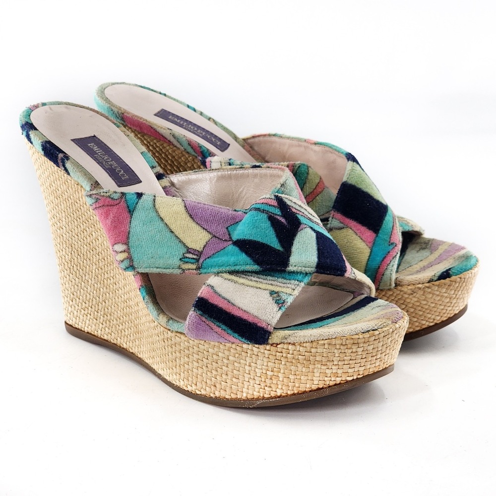 EMILIO PUCCI Multicolored Terry Platform Criss Cross Wedge Heel Sandals Size 5